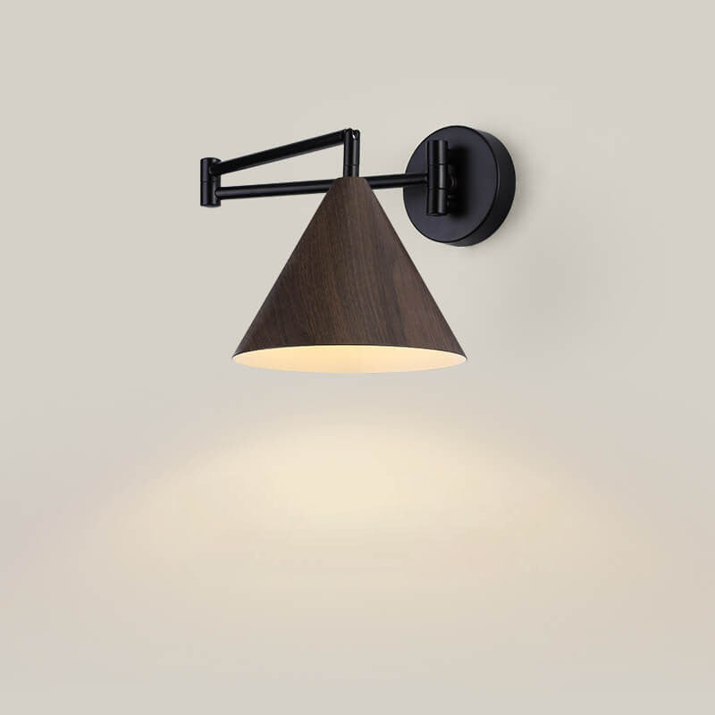 Contemporary Nordic Cone Swing Arm Wood Grain Iron 1-Light Wall Sconce Lamp