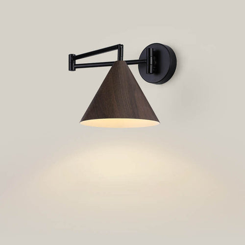 Contemporary Nordic Cone Swing Arm Wood Grain Iron 1-Light Wall Sconce Lamp