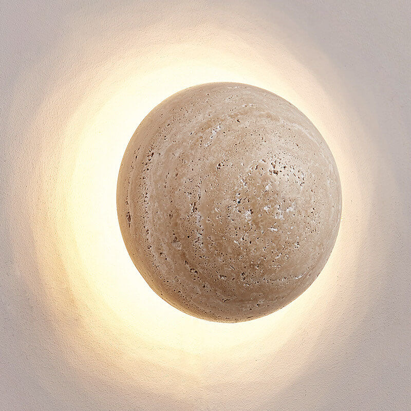 Traditional Japanese Round Yellow Travertine Wabi-Sabi LED Wall Sconce Lamp