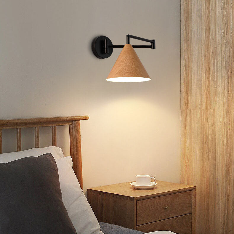 Contemporary Nordic Cone Swing Arm Wood Grain Iron 1-Light Wall Sconce Lamp