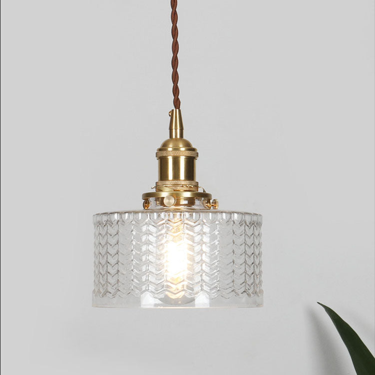 Traditional Japanese Brass Glass Round Jar 1-Light Pendant Light