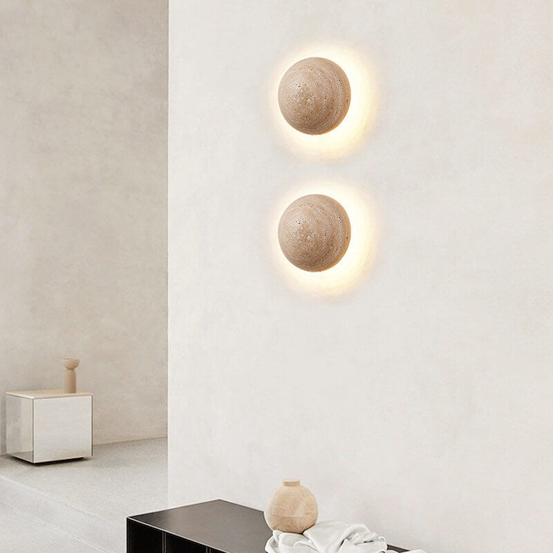 Traditional Japanese Round Yellow Travertine Wabi-Sabi LED Wall Sconce Lamp