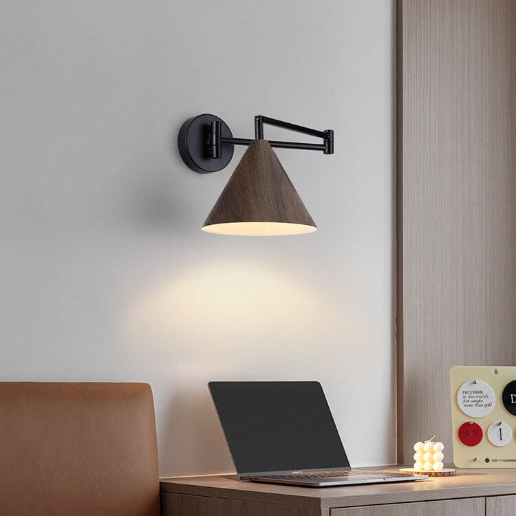 Contemporary Nordic Cone Swing Arm Wood Grain Iron 1-Light Wall Sconce Lamp