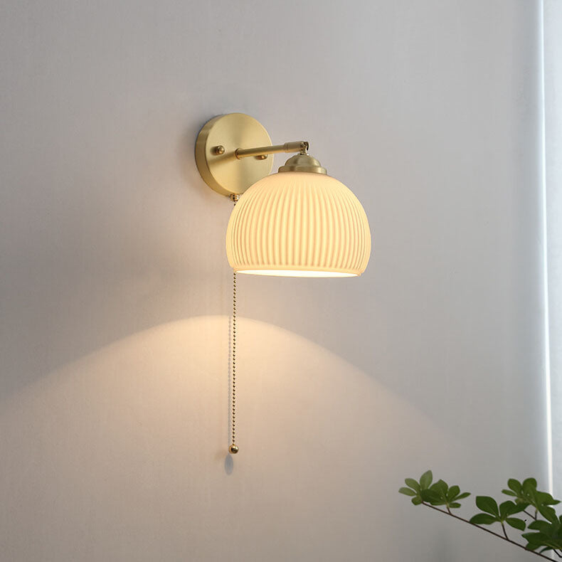 Contemporary Nordic Striped White Glass Brass 1-Light Pull Cord Wall Sconce Lamp