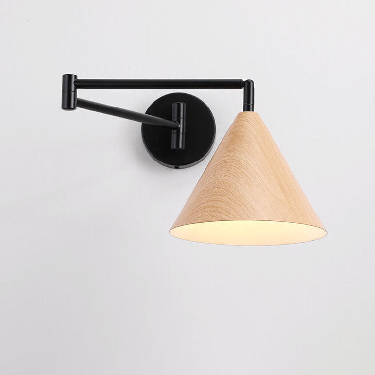 Contemporary Nordic Cone Swing Arm Wood Grain Iron 1-Light Wall Sconce Lamp