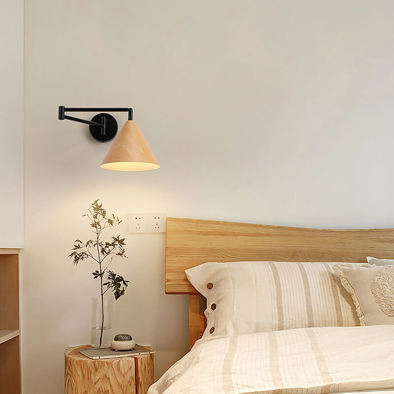 Contemporary Nordic Cone Swing Arm Wood Grain Iron 1-Light Wall Sconce Lamp
