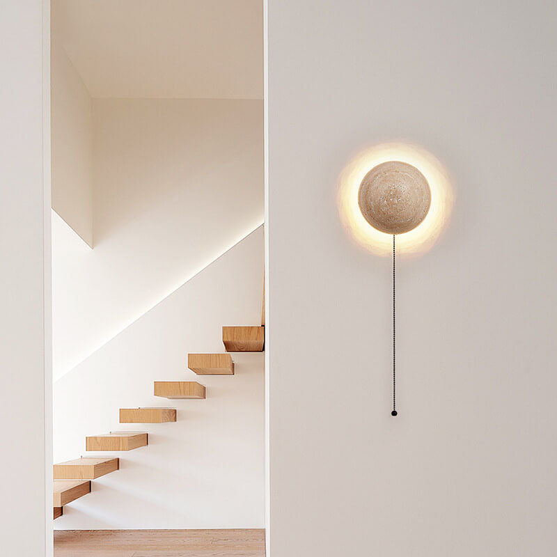 Traditional Japanese Round Yellow Travertine Wabi-Sabi LED Wall Sconce Lamp
