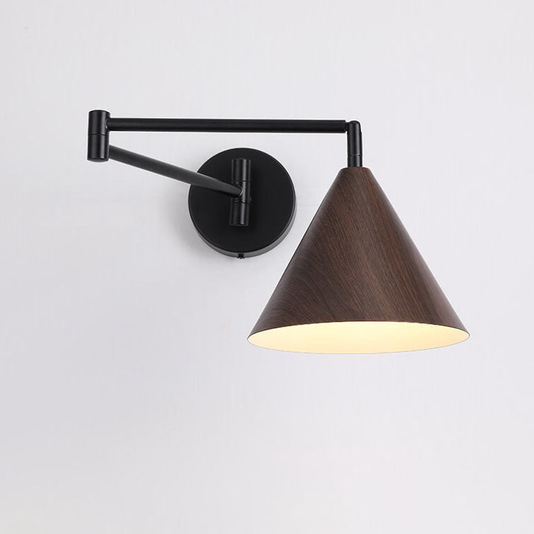 Contemporary Nordic Cone Swing Arm Wood Grain Iron 1-Light Wall Sconce Lamp