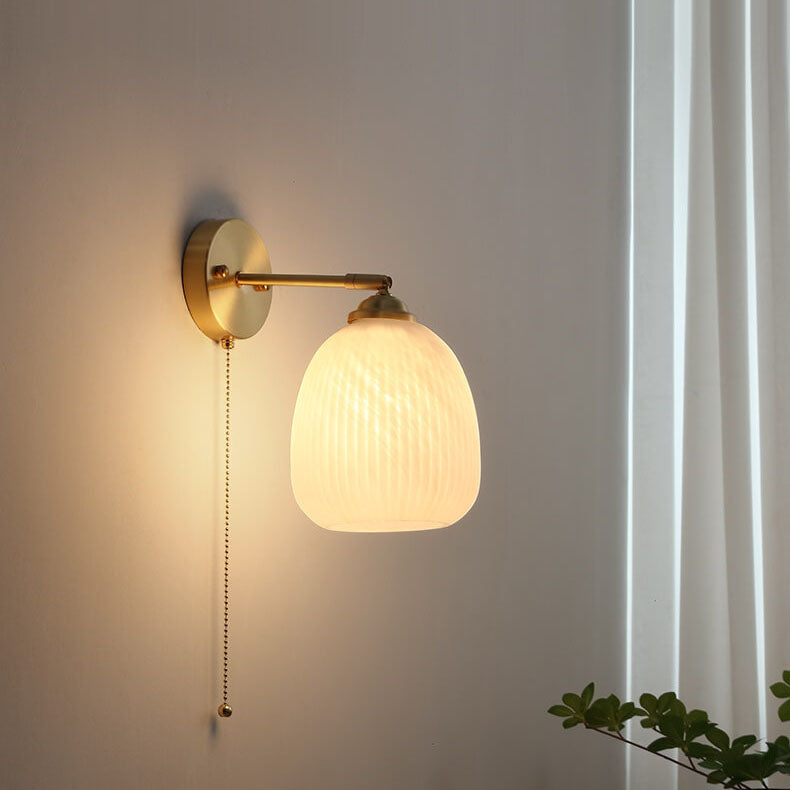 Contemporary Nordic Striped White Glass Brass 1-Light Pull Cord Wall Sconce Lamp