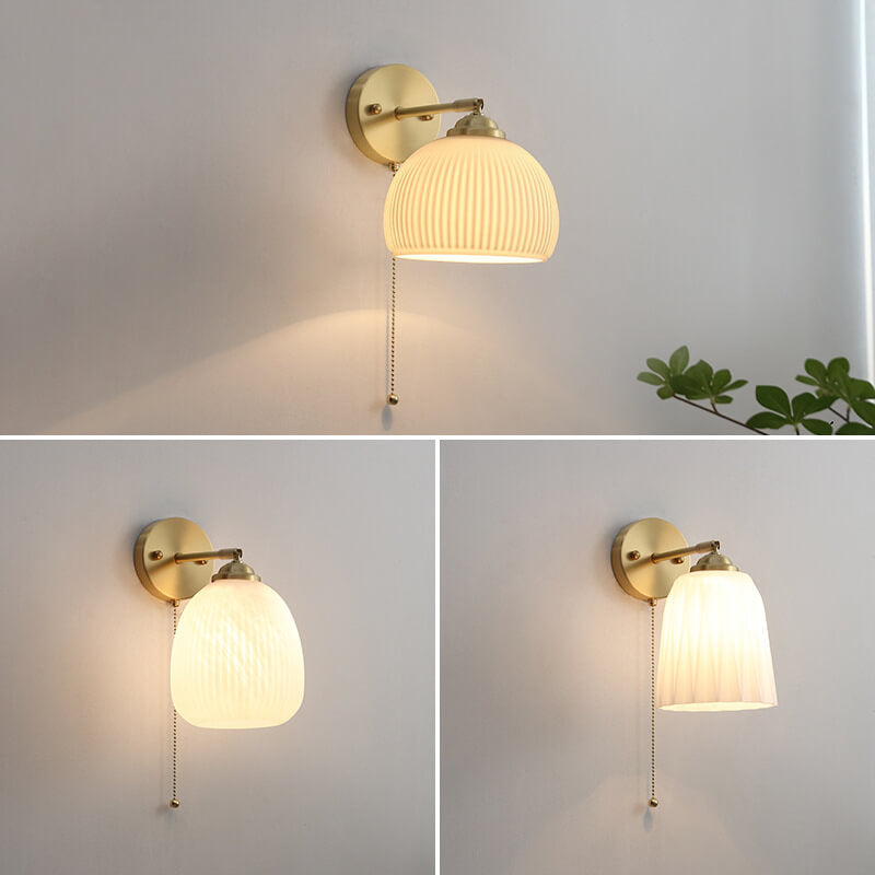 Contemporary Nordic Striped White Glass Brass 1-Light Pull Cord Wall Sconce Lamp