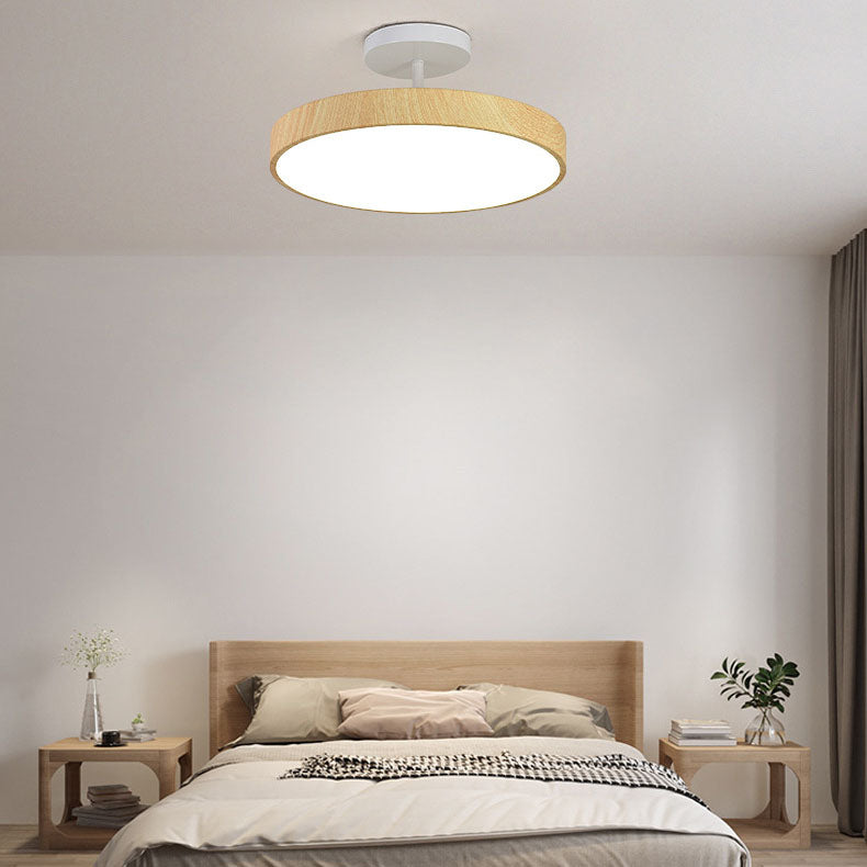 Japanese Wabi-sabi Minimalist Wood Grain Round LED Semi Flush Mount Light