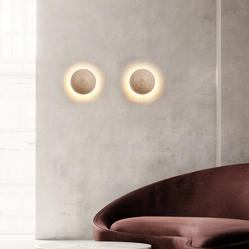 Traditional Japanese Round Yellow Travertine Wabi-Sabi LED Wall Sconce Lamp