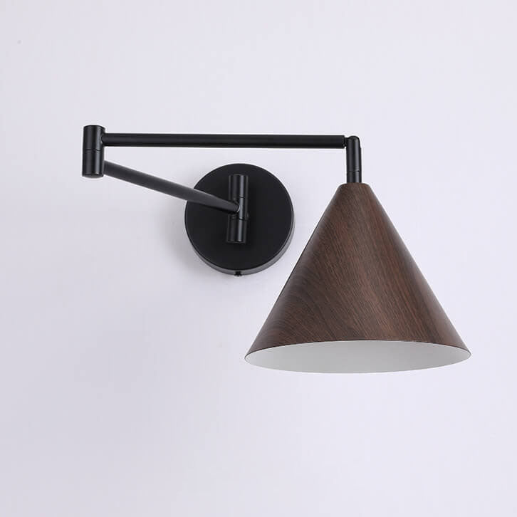 Contemporary Nordic Cone Swing Arm Wood Grain Iron 1-Light Wall Sconce Lamp
