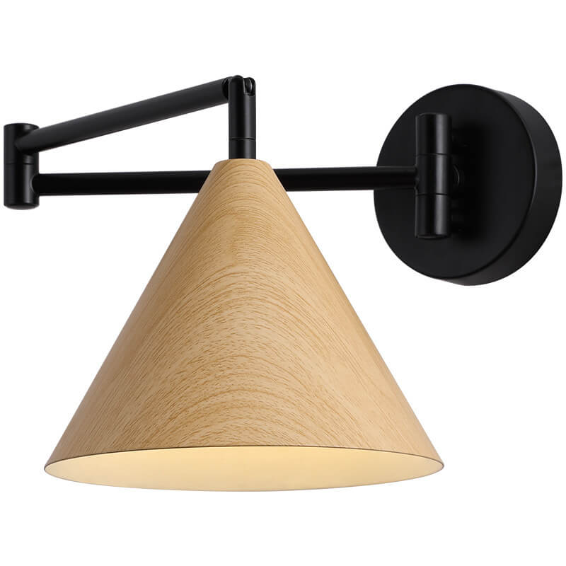 Contemporary Nordic Cone Swing Arm Wood Grain Iron 1-Light Wall Sconce Lamp