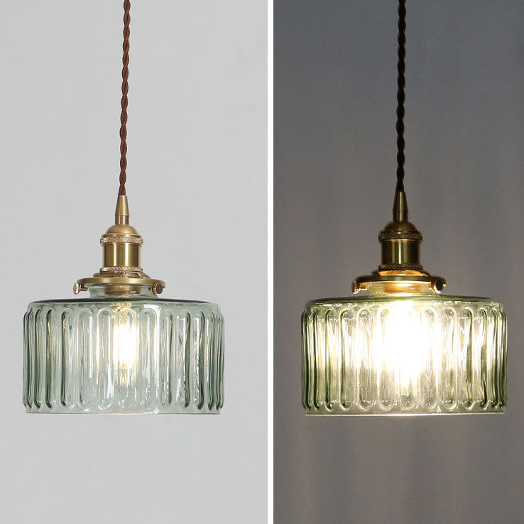 Traditional Japanese Brass Glass Round Jar 1-Light Pendant Light