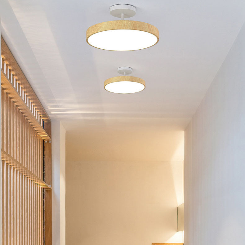 Japanese Wabi-sabi Minimalist Wood Grain Round LED Semi Flush Mount Light