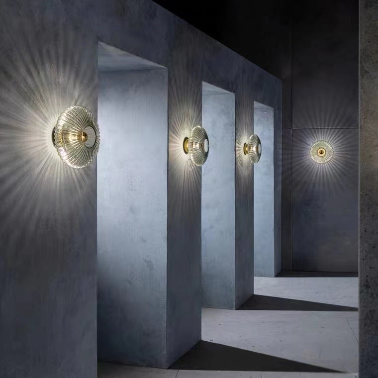 Contemporary Nordic Iron Striped Glass Round Disc 1-Light Wall Sconce Lamp