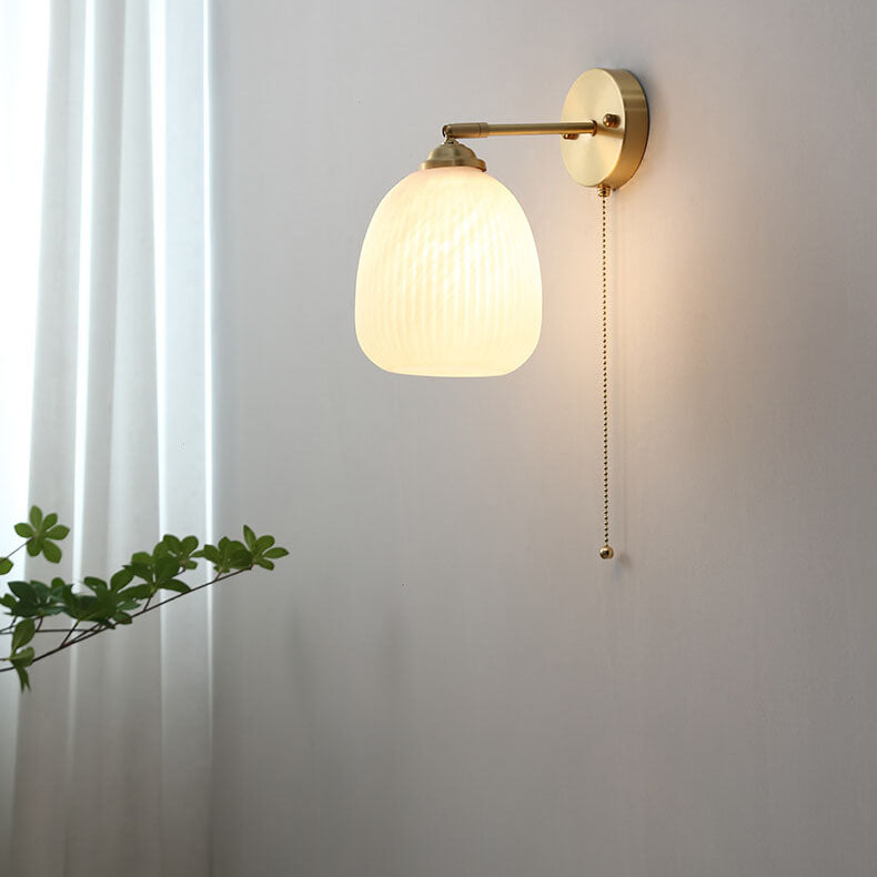 Contemporary Nordic Striped White Glass Brass 1-Light Pull Cord Wall Sconce Lamp