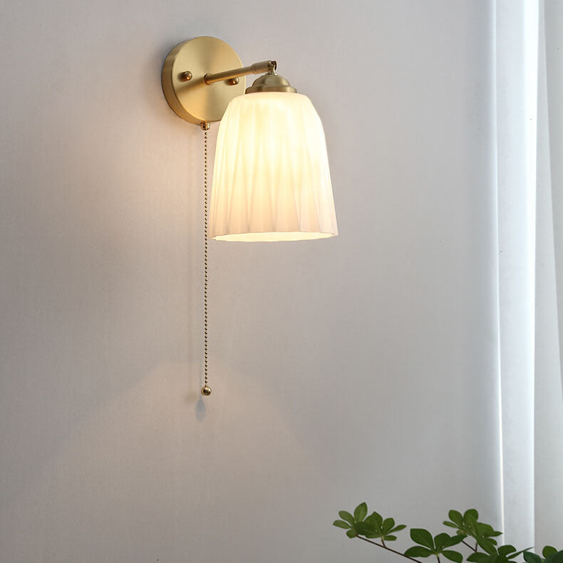 Contemporary Nordic Striped White Glass Brass 1-Light Pull Cord Wall Sconce Lamp