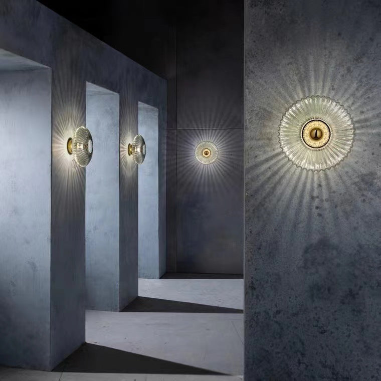 Contemporary Nordic Iron Striped Glass Round Disc 1-Light Wall Sconce Lamp