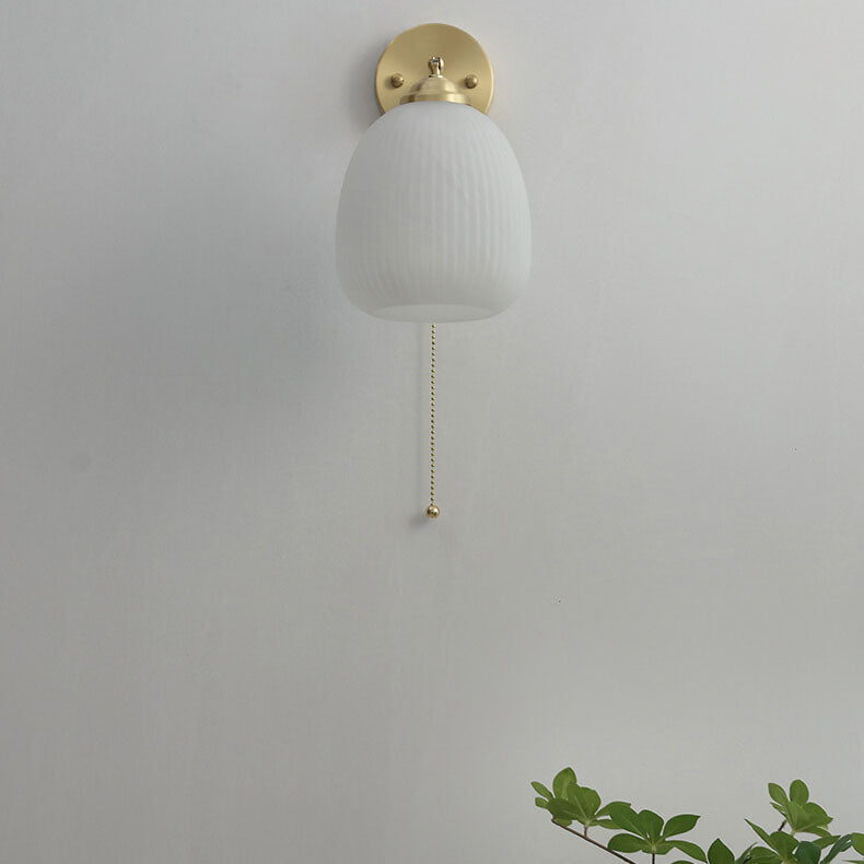Contemporary Nordic Striped White Glass Brass 1-Light Pull Cord Wall Sconce Lamp