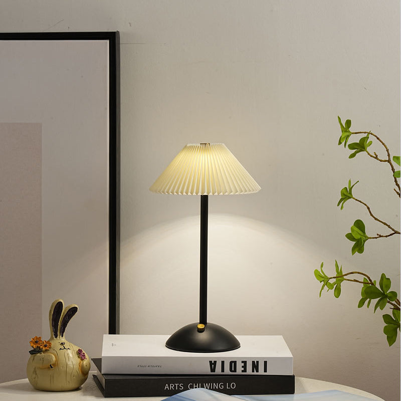 Contemporary Scandinavian Rechargeable Iron Fabric Conic Pleated 1-Light Table Lamp