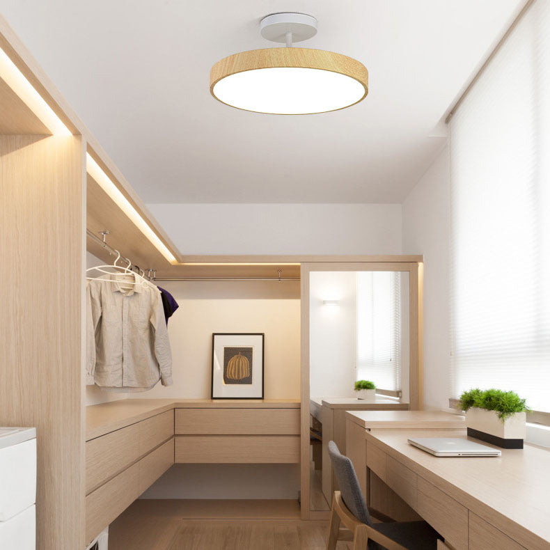 Japanese Wabi-sabi Minimalist Wood Grain Round LED Semi Flush Mount Light