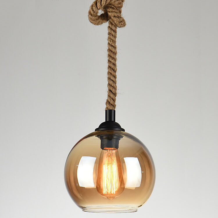 Traditional Vintage Glass Metal Rope Hanging Round 1-Light Pendant Light