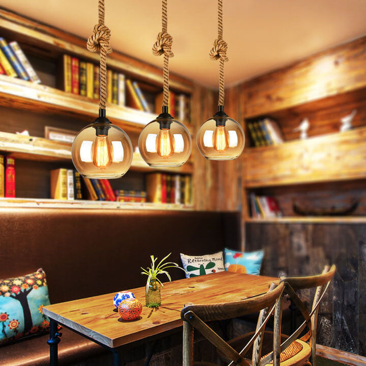 Traditional Vintage Glass Metal Rope Hanging Round 1-Light Pendant Light