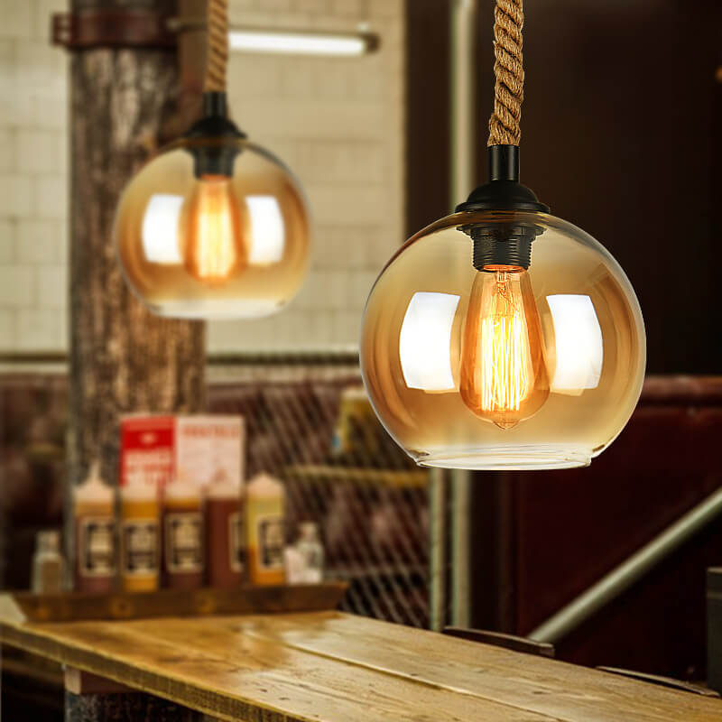 Traditional Vintage Glass Metal Rope Hanging Round 1-Light Pendant Light