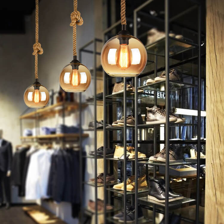 Traditional Vintage Glass Metal Rope Hanging Round 1-Light Pendant Light