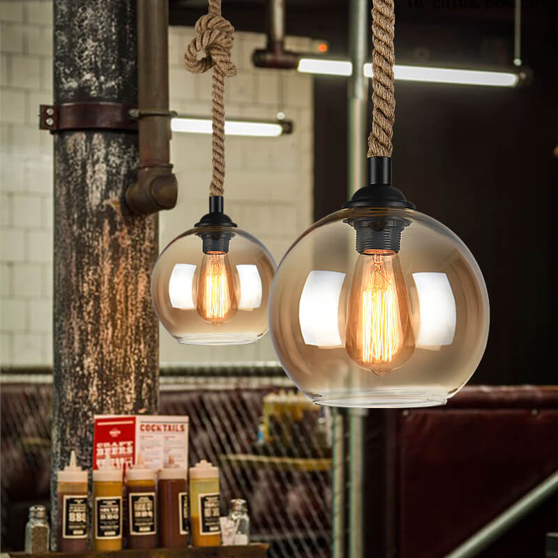 Traditional Vintage Glass Metal Rope Hanging Round 1-Light Pendant Light