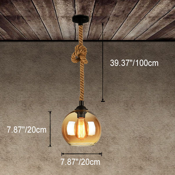 Traditional Vintage Glass Metal Rope Hanging Round 1-Light Pendant Light