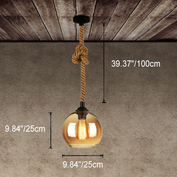 Traditional Vintage Glass Metal Rope Hanging Round 1-Light Pendant Light