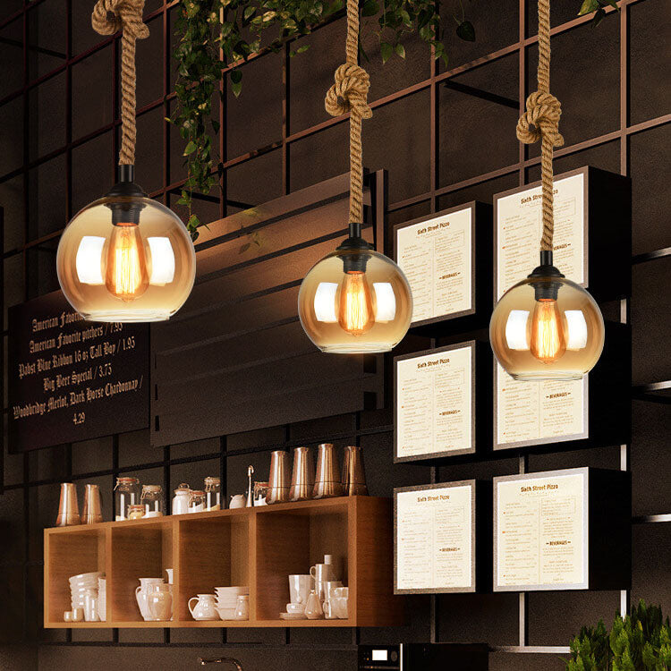 Traditional Vintage Glass Metal Rope Hanging Round 1-Light Pendant Light