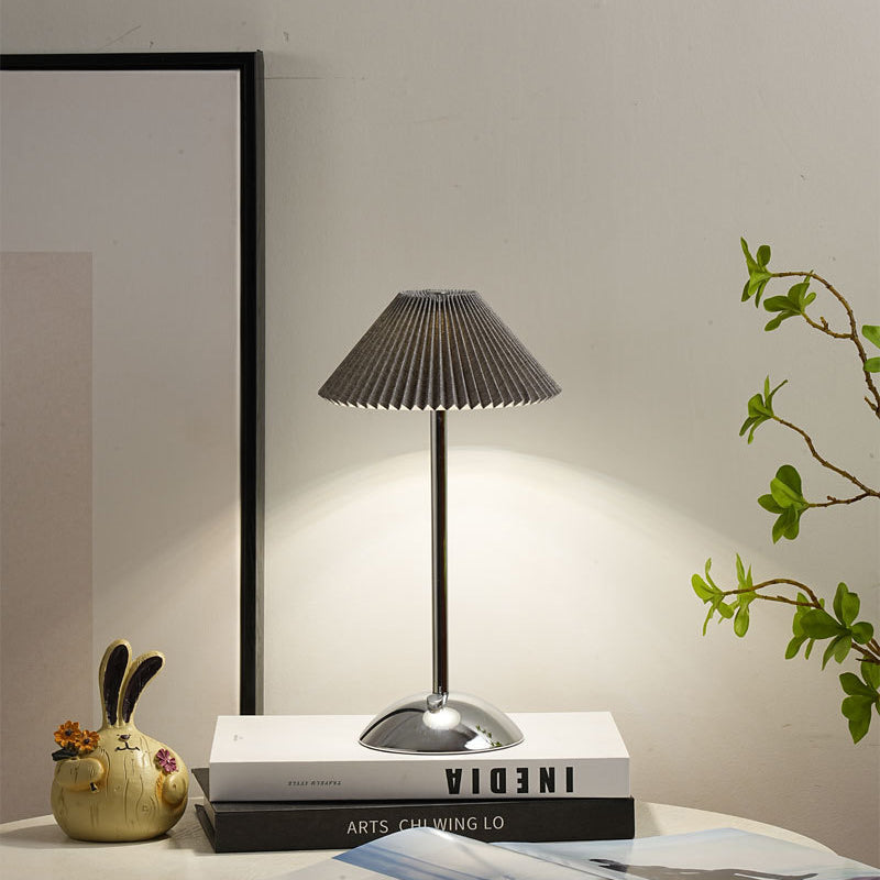 Contemporary Scandinavian Rechargeable Iron Fabric Conic Pleated 1-Light Table Lamp