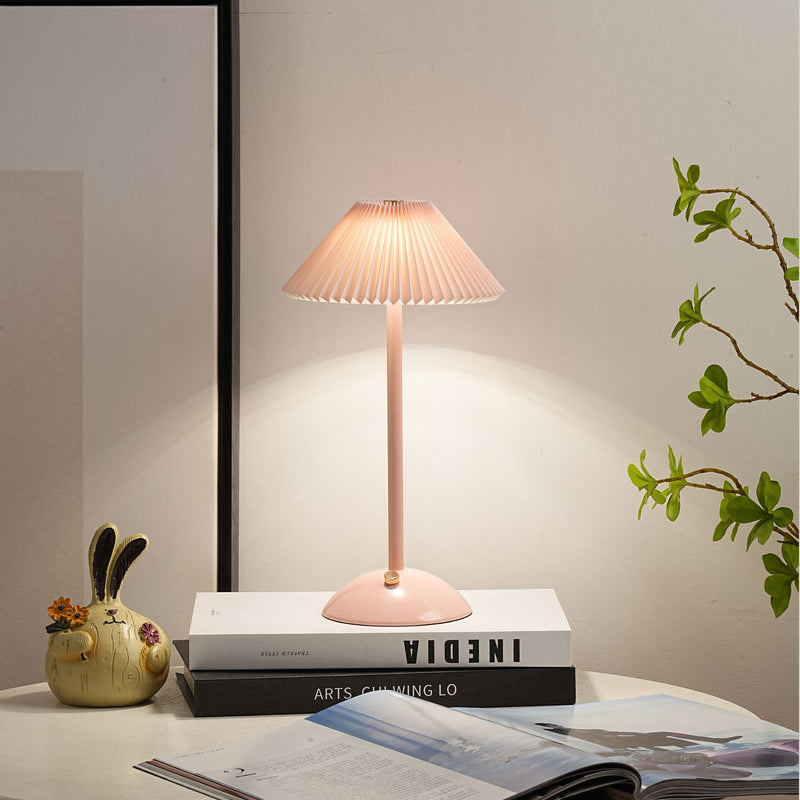Contemporary Scandinavian Rechargeable Iron Fabric Conic Pleated 1-Light Table Lamp