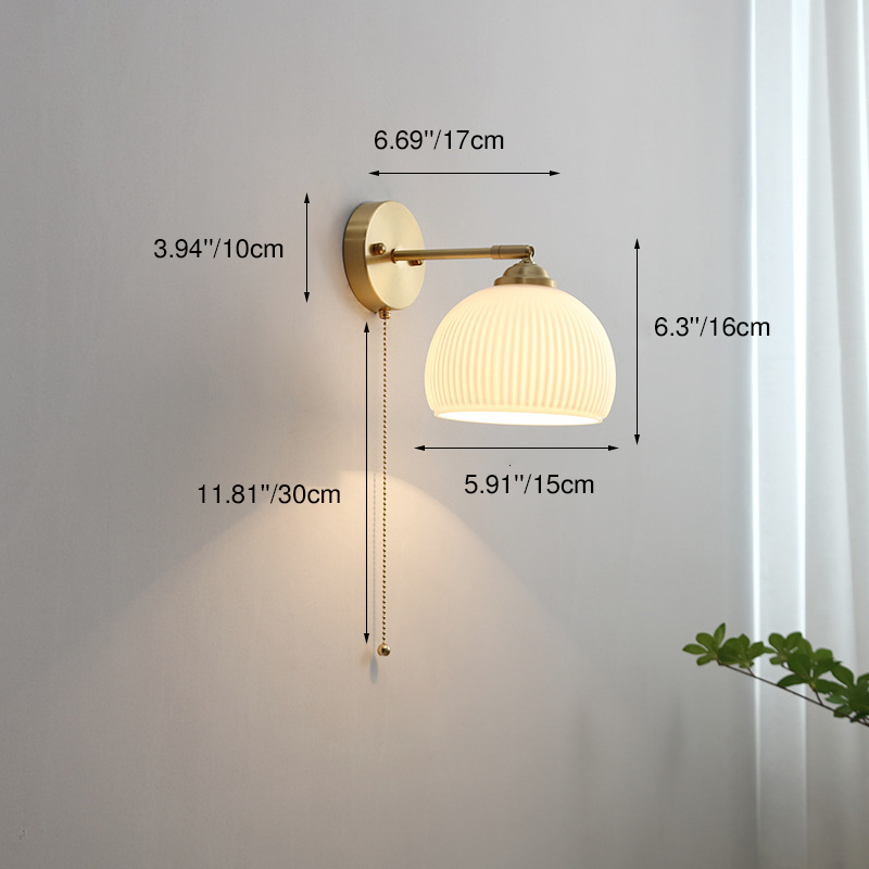 Contemporary Nordic Striped White Glass Brass 1-Light Pull Cord Wall Sconce Lamp