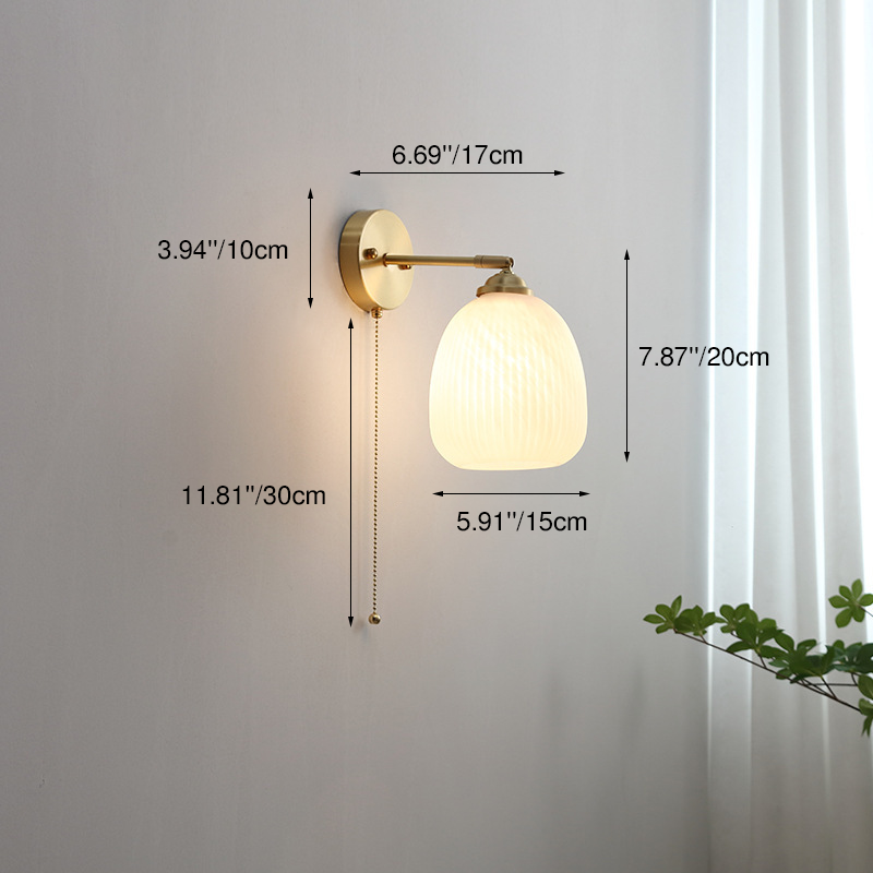 Contemporary Nordic Striped White Glass Brass 1-Light Pull Cord Wall Sconce Lamp