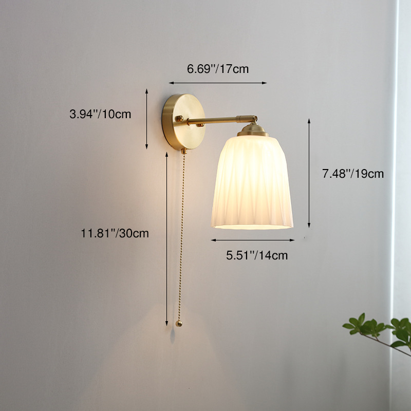 Contemporary Nordic Striped White Glass Brass 1-Light Pull Cord Wall Sconce Lamp