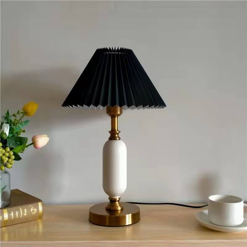 Traditional French Round Fabric PVC Metal Pleated Shade Table Lamp