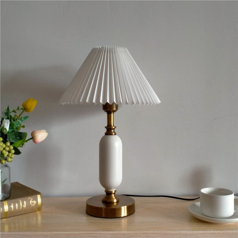 Traditional French Round Fabric PVC Metal Pleated Shade Table Lamp