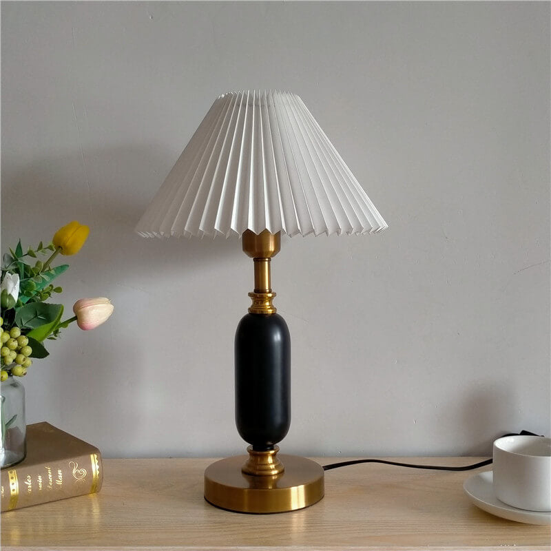Traditional French Round Fabric PVC Metal Pleated Shade Table Lamp