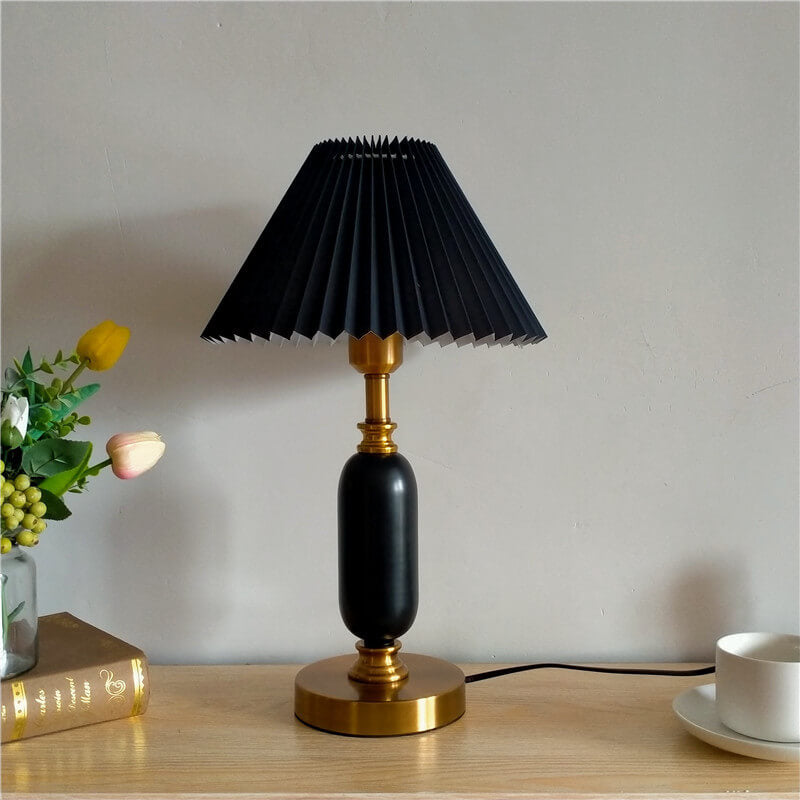 Traditional French Round Fabric PVC Metal Pleated Shade Table Lamp