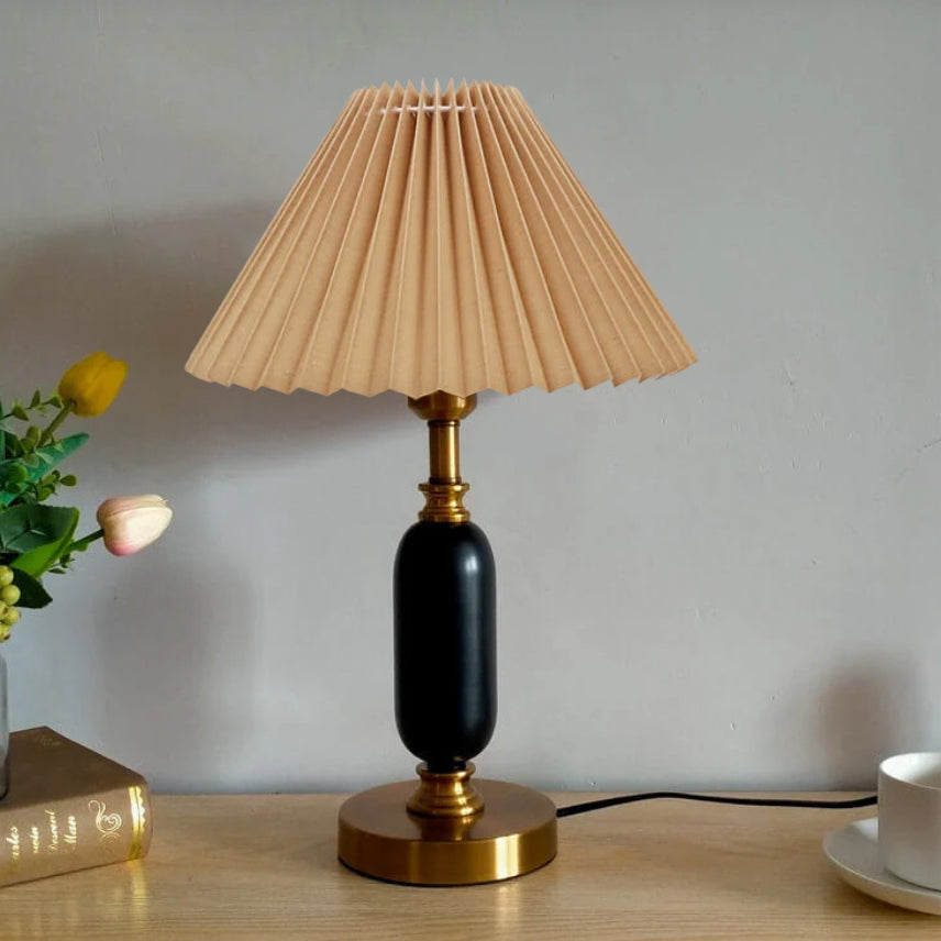 Traditional French Round Fabric PVC Metal Pleated Shade Table Lamp