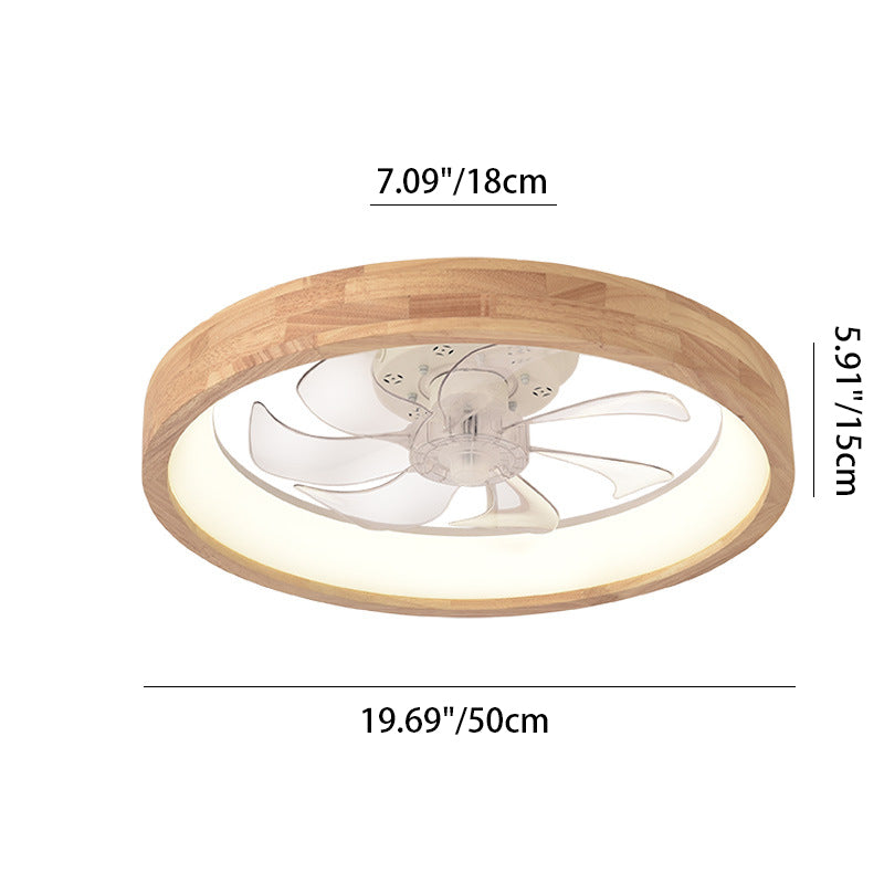 Traditional Japanese Solid Wood Iron Acrylic ABS Round Hollowed LED Flush Mount Ceiling Fan Light