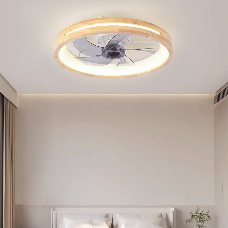 Traditional Japanese Solid Wood Iron Acrylic ABS Round Hollowed LED Flush Mount Ceiling Fan Light