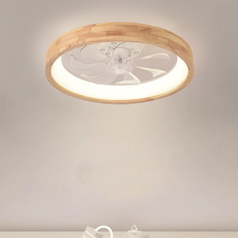 Traditional Japanese Solid Wood Iron Acrylic ABS Round Hollowed LED Flush Mount Ceiling Fan Light