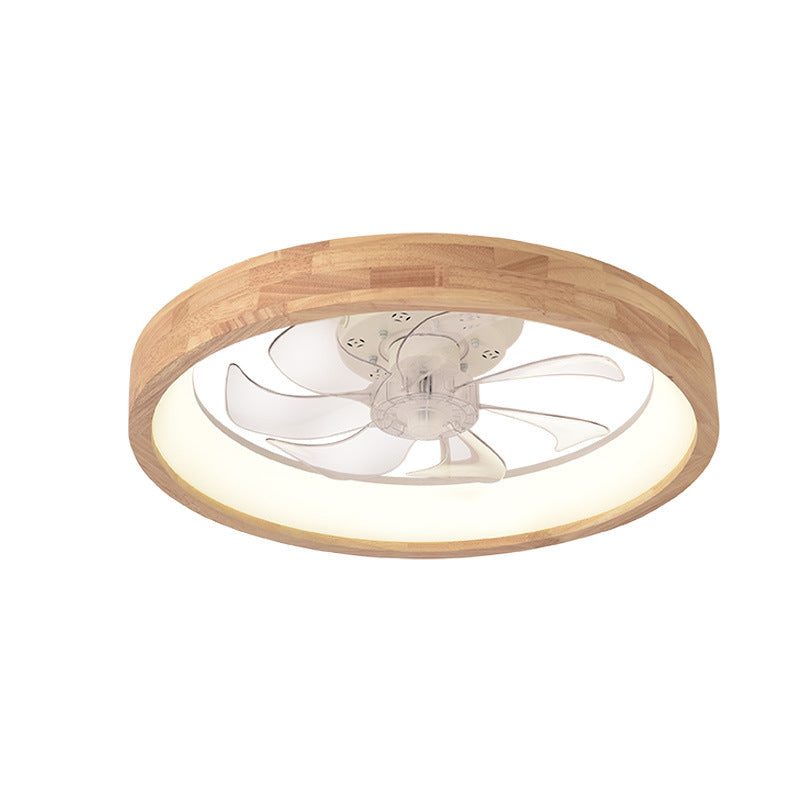 Traditional Japanese Solid Wood Iron Acrylic ABS Round Hollowed LED Flush Mount Ceiling Fan Light