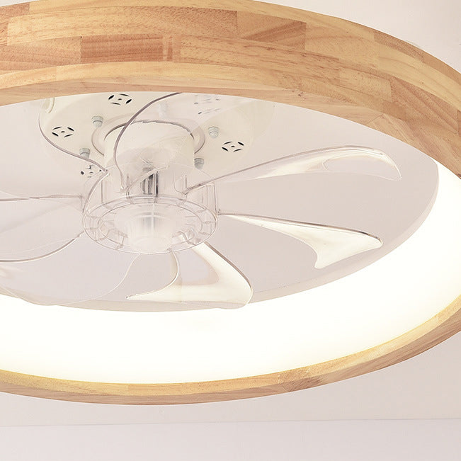 Traditional Japanese Solid Wood Iron Acrylic ABS Round Hollowed LED Flush Mount Ceiling Fan Light